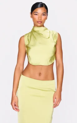 PrettyLittleThing Satin Tie Side High Neck Cowl Crop Top Chartreuse
