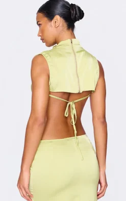 PrettyLittleThing Satin Tie Side High Neck Cowl Crop Top Chartreuse