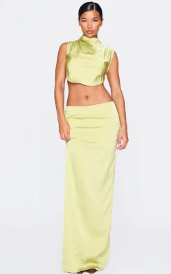 PrettyLittleThing Satin Tie Side High Neck Cowl Crop Top Chartreuse