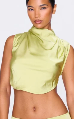 PrettyLittleThing Satin Tie Side High Neck Cowl Crop Top Chartreuse