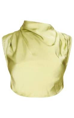 PrettyLittleThing Satin Tie Side High Neck Cowl Crop Top Chartreuse