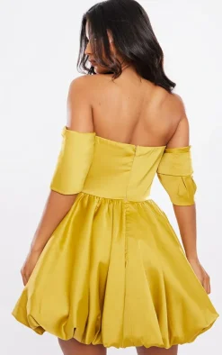 Satin V Bar Plunge Bardot Puff Ball Dress-PrettyLittleThing Outlet