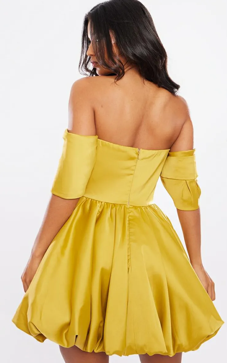 Satin V Bar Plunge Bardot Puff Ball Dress-PrettyLittleThing Outlet