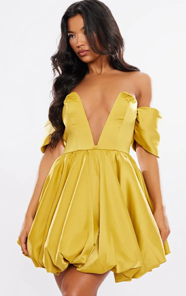 Satin V Bar Plunge Bardot Puff Ball Dress-PrettyLittleThing Outlet
