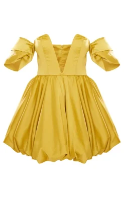 Satin V Bar Plunge Bardot Puff Ball Dress-PrettyLittleThing Outlet
