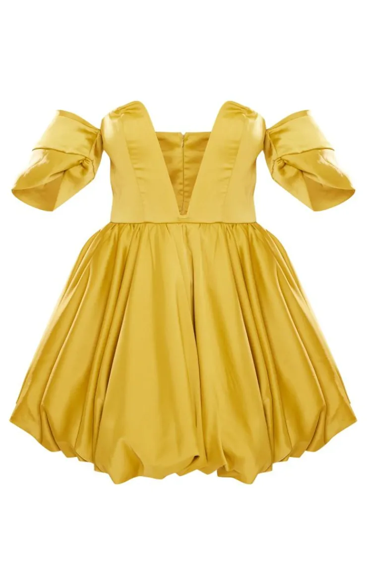 Satin V Bar Plunge Bardot Puff Ball Dress-PrettyLittleThing Outlet