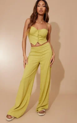 New PrettyLittleThing Stripe Linen Look Straight Leg Pants Chartreuse