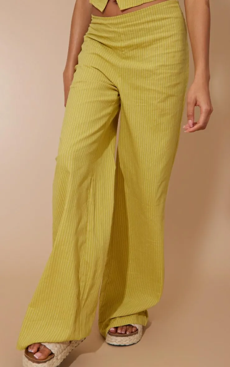 New PrettyLittleThing Stripe Linen Look Straight Leg Pants Chartreuse