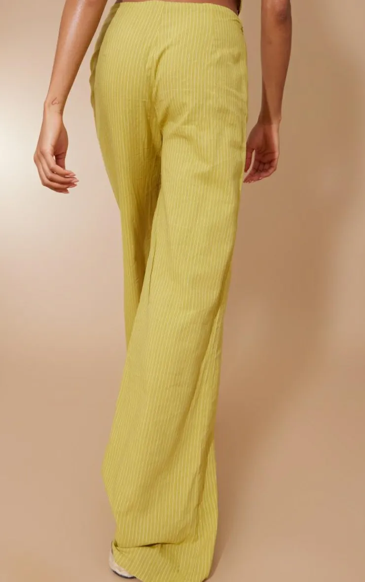 New PrettyLittleThing Stripe Linen Look Straight Leg Pants Chartreuse
