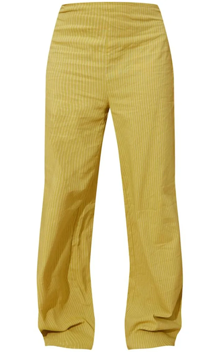 New PrettyLittleThing Stripe Linen Look Straight Leg Pants Chartreuse
