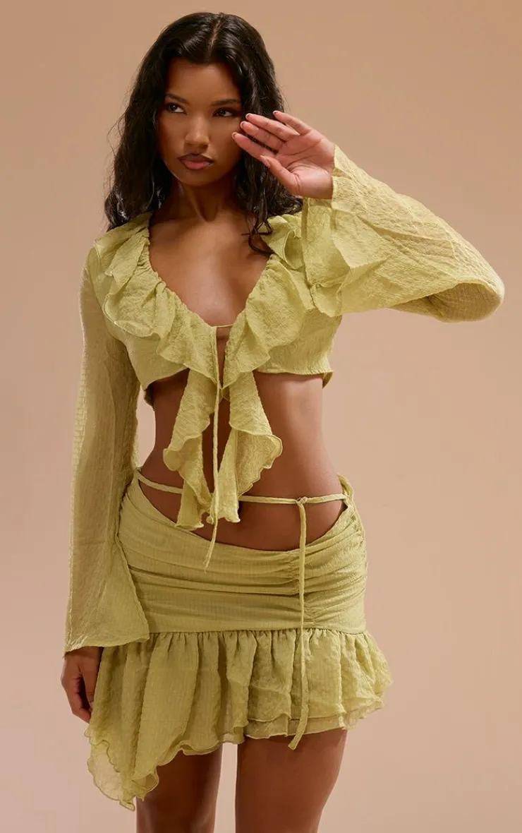 Clearance PrettyLittleThing Textured Chiffon Ruffle Tie Front Blouse Chartreuse