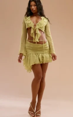 Clearance PrettyLittleThing Textured Chiffon Ruffle Tie Front Blouse Chartreuse