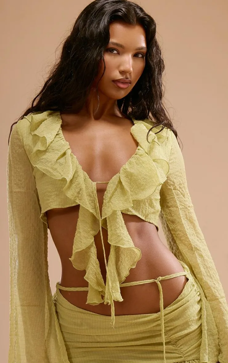 Clearance PrettyLittleThing Textured Chiffon Ruffle Tie Front Blouse Chartreuse