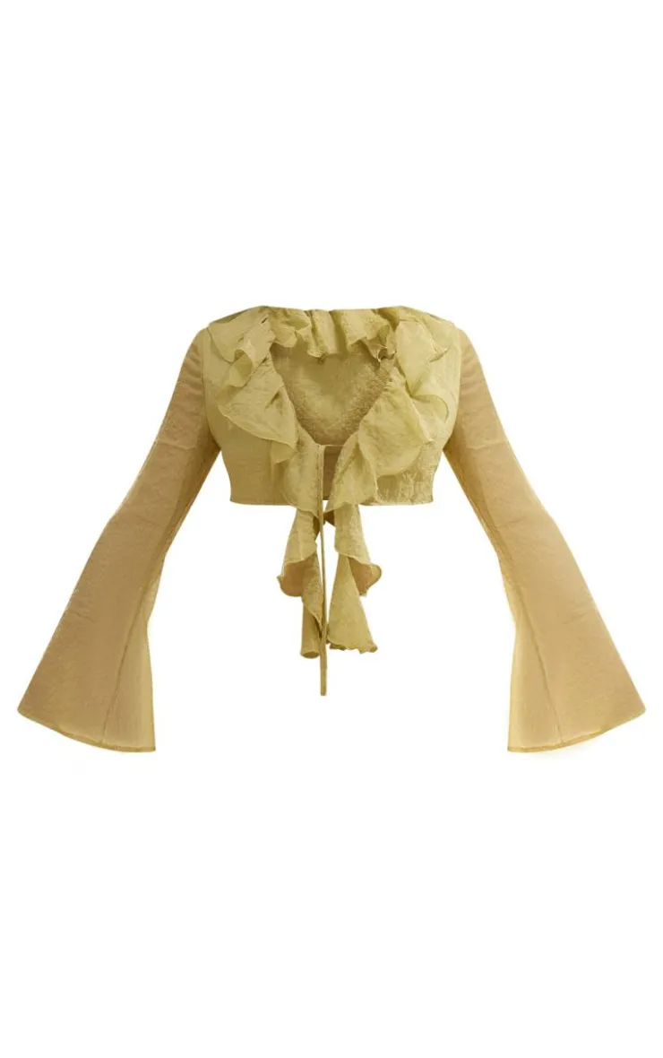Clearance PrettyLittleThing Textured Chiffon Ruffle Tie Front Blouse Chartreuse