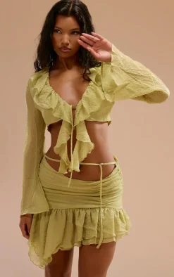 Discount PrettyLittleThing Textured Chiffon Ruffle Hem Mini Skirt Chartreuse