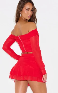 Outlet PrettyLittleThing Chiffon Off The Shoulder Long Sleeve Crop Top Cherry Red