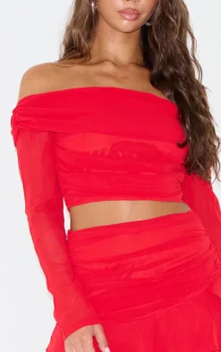 Outlet PrettyLittleThing Chiffon Off The Shoulder Long Sleeve Crop Top Cherry Red