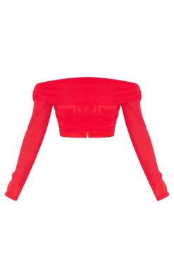 Outlet PrettyLittleThing Chiffon Off The Shoulder Long Sleeve Crop Top Cherry Red