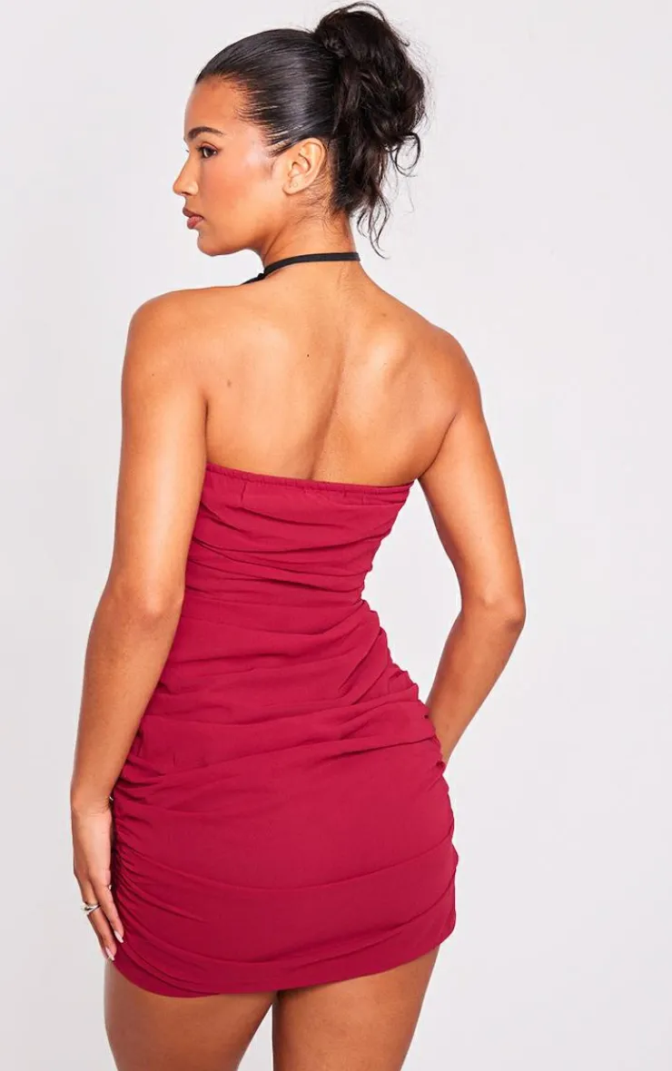 Chiffon Rose Trim Deep V Bar Bandeau Bodycon Dress-PrettyLittleThing Outlet