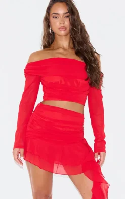 Hot PrettyLittleThing Chiffon Ruffled Draped Detail Mini Skirt Cherry Red