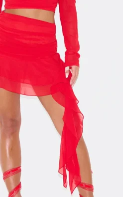 Hot PrettyLittleThing Chiffon Ruffled Draped Detail Mini Skirt Cherry Red