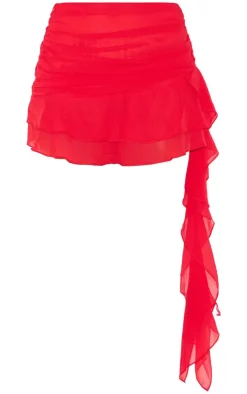 Hot PrettyLittleThing Chiffon Ruffled Draped Detail Mini Skirt Cherry Red