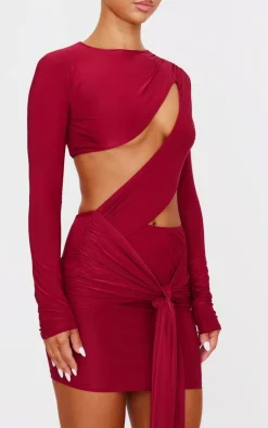 Cut Out Bust Panel Long Sleeve Drape Bodycon Dress-PrettyLittleThing Outlet
