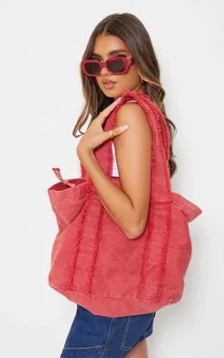 PrettyLittleThing Shoppers*Denim Frayed Zip Tote Bag