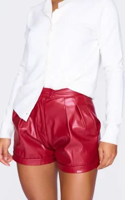 Cherry Red Faux Leather Pleat Detail Shorts