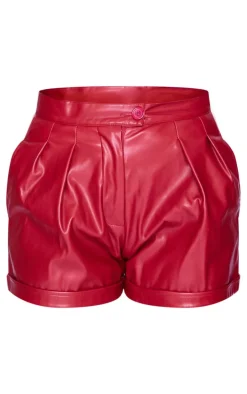 Cherry Red Faux Leather Pleat Detail Shorts