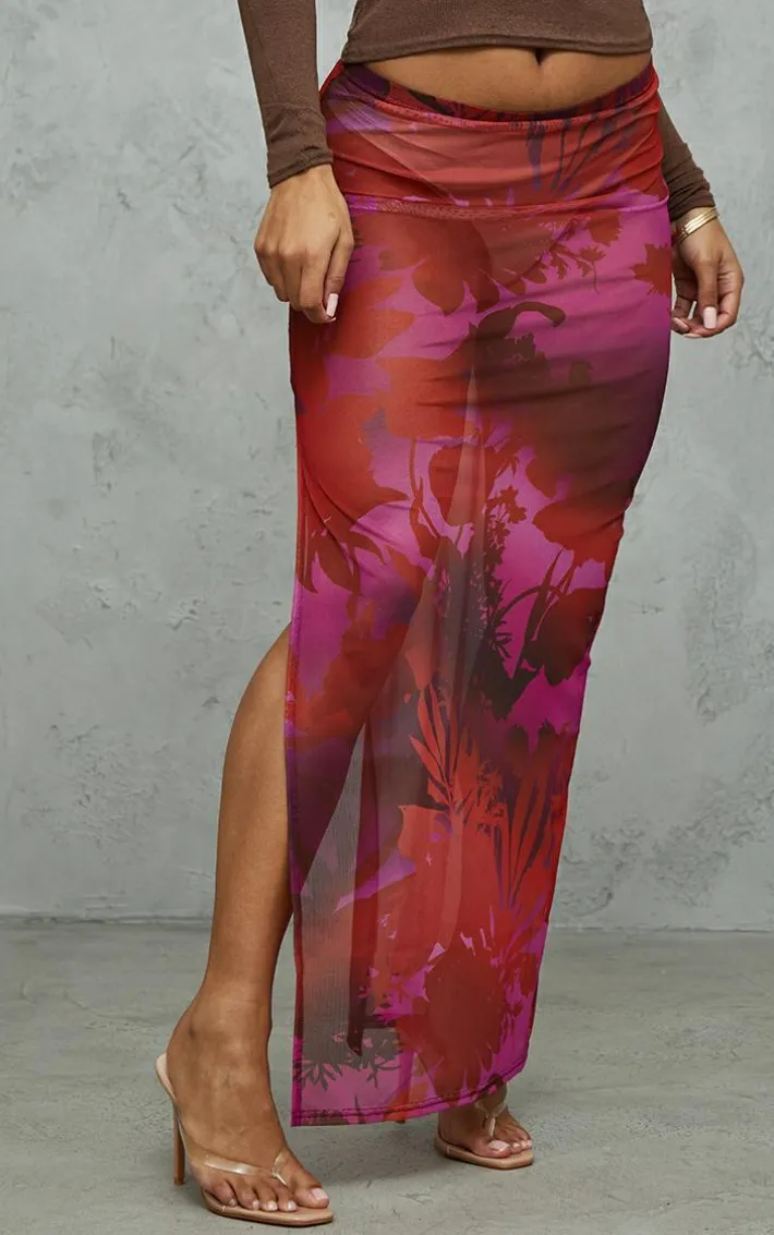 Cherry Red Floral Print Mesh Split Hem Midi Skirt