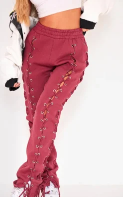 Cherry Red Lace Up Side Detail Oversized Sweatpants