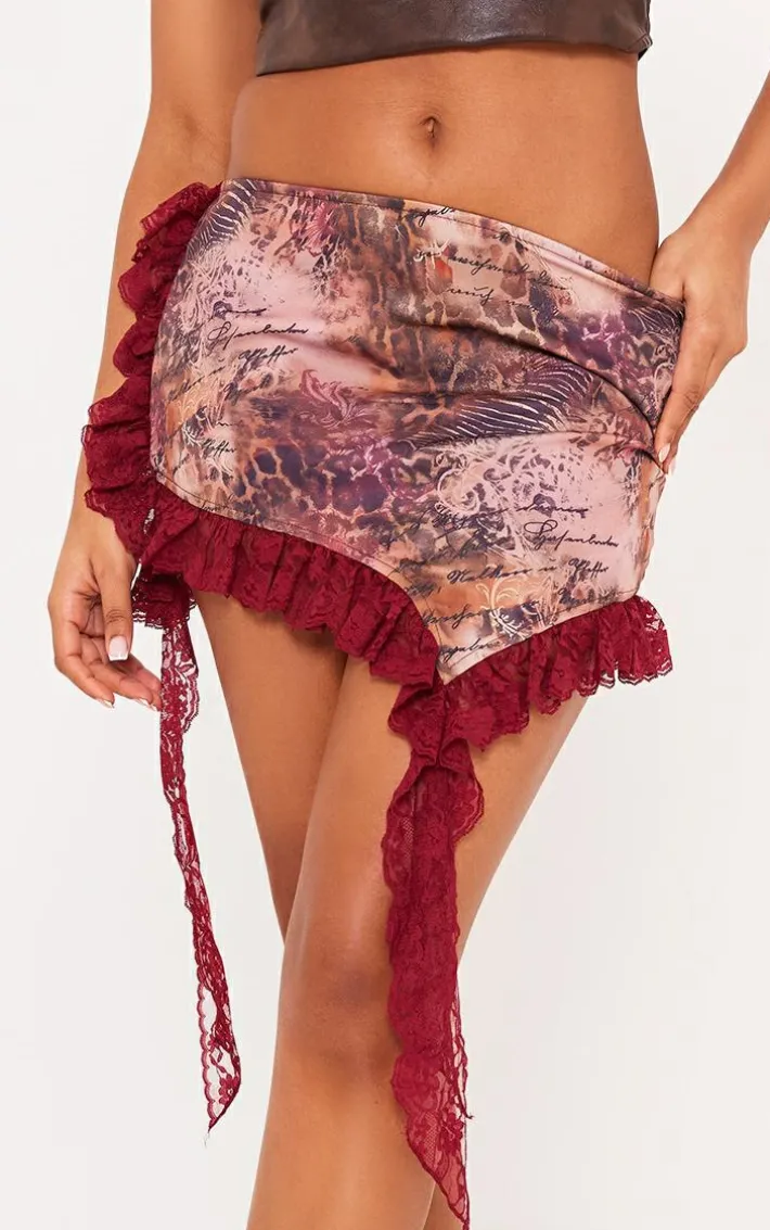 Cherry Red Leopard Print Lace Trim Mini Skirt