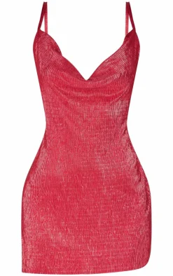 Metallic Plisse Cowl Neck Strappy Bodycon Dress-PrettyLittleThing