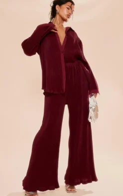 PrettyLittleThing Plisse High Waisted Wide Leg Pants Cherry Red