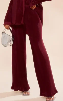 PrettyLittleThing Plisse High Waisted Wide Leg Pants Cherry Red