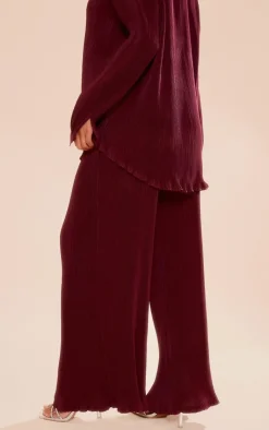 PrettyLittleThing Plisse High Waisted Wide Leg Pants Cherry Red