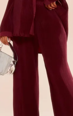 PrettyLittleThing Plisse High Waisted Wide Leg Pants Cherry Red