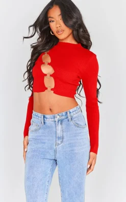 PrettyLittleThing Knitted Tops*Ring Front Cut Out Long Sleeve Knit Top