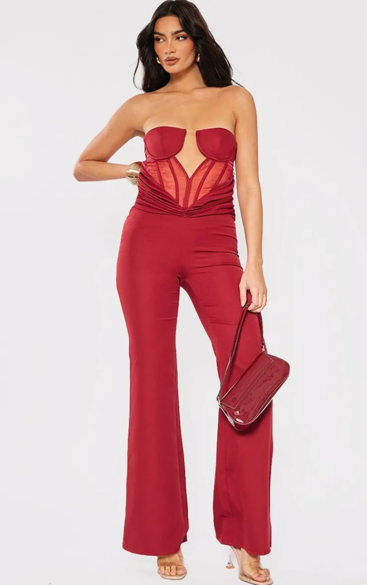 Satin Mesh Corset Panel Strapless Jumpsuit-PrettyLittleThing Clearance