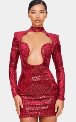 Sequin Underwire Detail Long Sleeve Bodycon Dress-PrettyLittleThing New