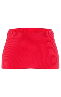 Outlet PrettyLittleThing Sheer Soft Rib Low Waist Micro Mini Skirt Cherry Red