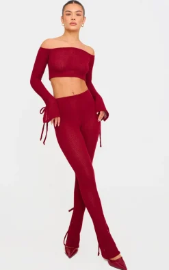Sale PrettyLittleThing Sheer Soft Rib Split Hem Tie Detail Leggings Cherry Red