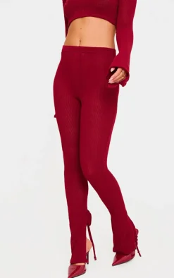 Sale PrettyLittleThing Sheer Soft Rib Split Hem Tie Detail Leggings Cherry Red