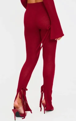 Sale PrettyLittleThing Sheer Soft Rib Split Hem Tie Detail Leggings Cherry Red