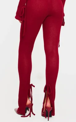 Sale PrettyLittleThing Sheer Soft Rib Split Hem Tie Detail Leggings Cherry Red