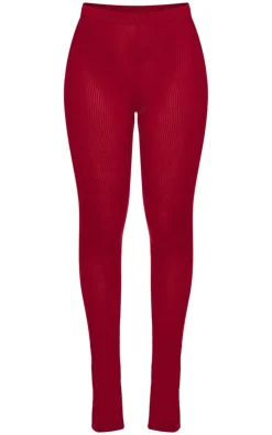Sale PrettyLittleThing Sheer Soft Rib Split Hem Tie Detail Leggings Cherry Red