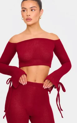 Discount PrettyLittleThing Sheer Soft Rib Bardot Long Sleeve Crop Top Cherry Red