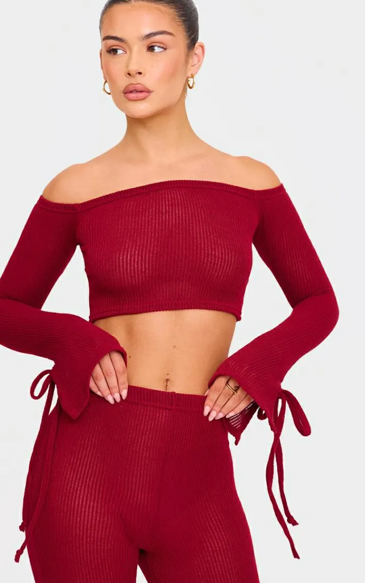 Discount PrettyLittleThing Sheer Soft Rib Bardot Long Sleeve Crop Top Cherry Red