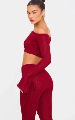 Discount PrettyLittleThing Sheer Soft Rib Bardot Long Sleeve Crop Top Cherry Red